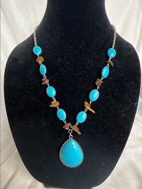 Faux Turquoise Teardrop Pendant Necklace - Blue and Brown